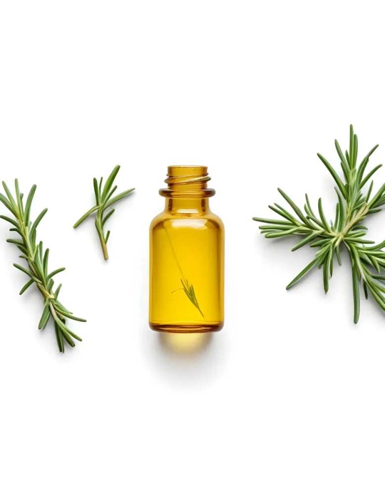 A Glass Bottle Filled With Yellow Essential Oil Surrounded By Sprigs Of Rosemary On A White Background 24 B229