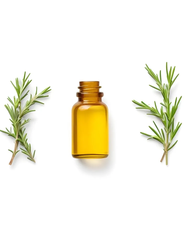 A Glass Bottle Filled With Yellow Essential Oil Surrounded By Sprigs Of Rosemary On A White Background 28 631f