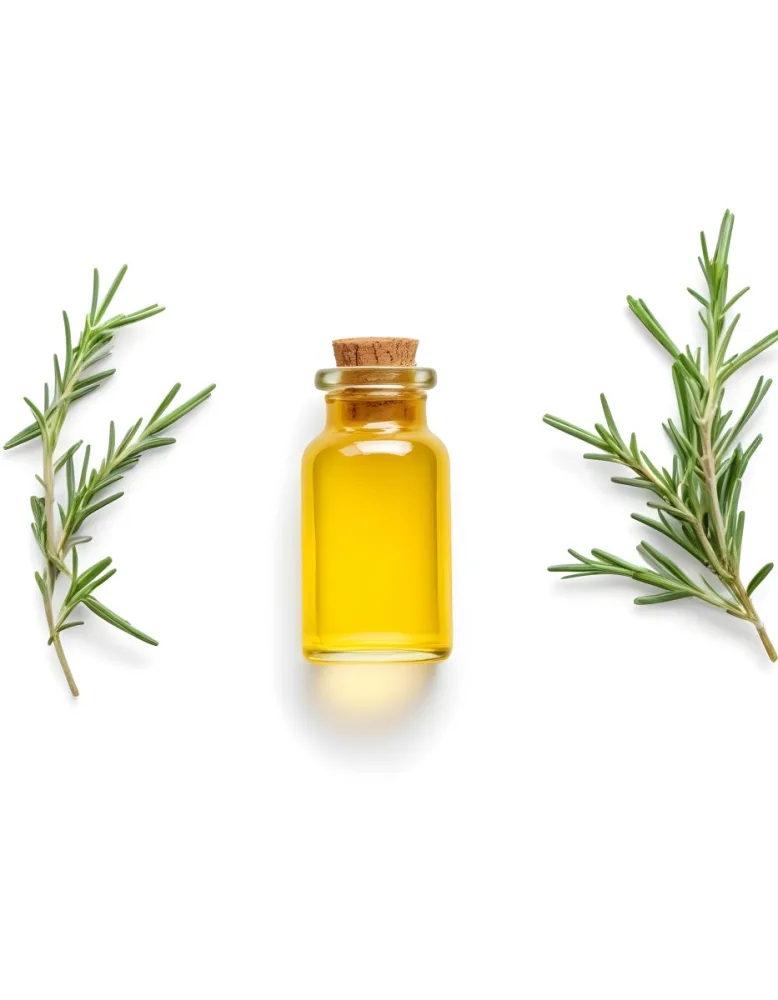 A Glass Bottle Filled With Yellow Essential Oil Surrounded By Sprigs Of Rosemary On A White Background 30 38fa
