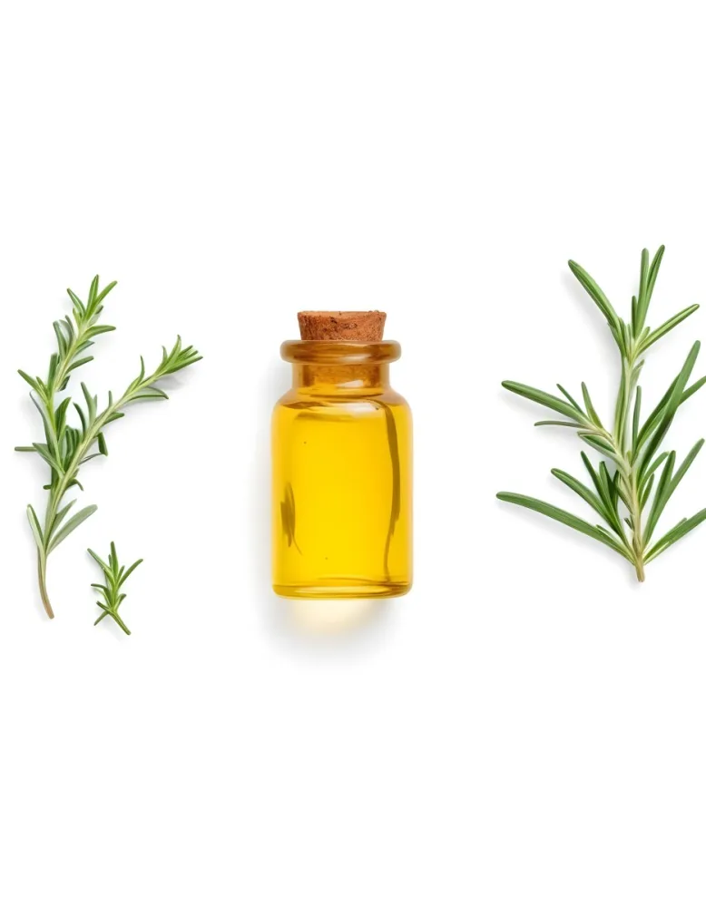 A Glass Bottle Filled With Yellow Essential Oil Surrounded By Sprigs Of Rosemary On A White Background 31 F666