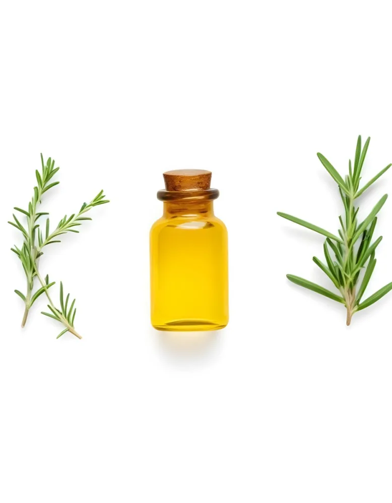 A Glass Bottle Filled With Yellow Essential Oil Surrounded By Sprigs Of Rosemary On A White Background 35 A6cf