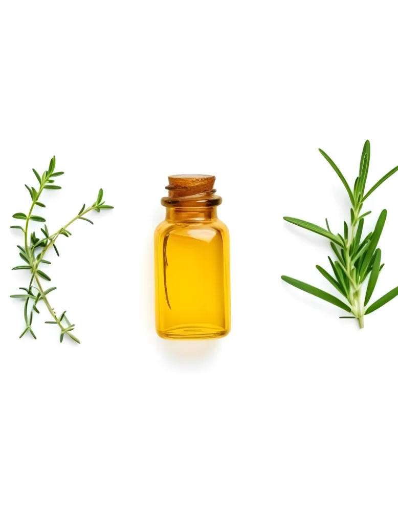 A Glass Bottle Filled With Yellow Essential Oil Surrounded By Sprigs Of Rosemary On A White Background 38 Ca59