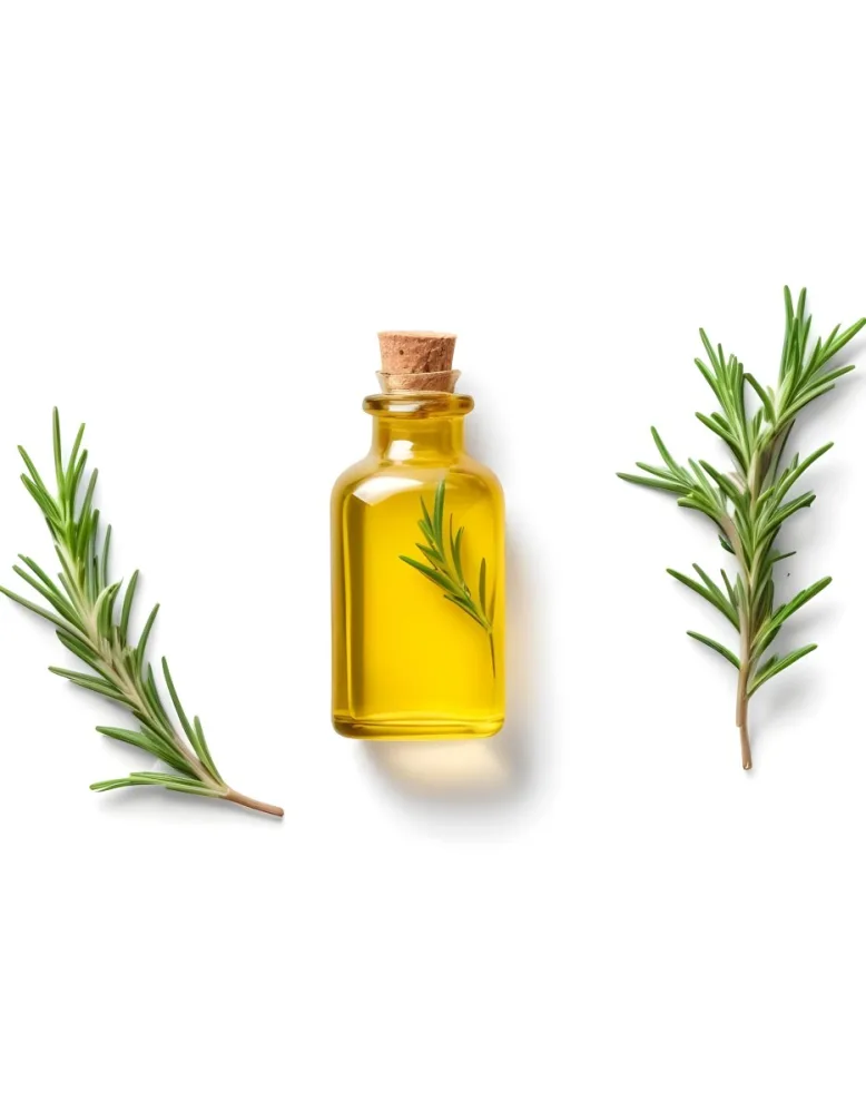A Glass Bottle Filled With Yellow Essential Oil Surrounded By Sprigs Of Rosemary On A White Background 40 A6c1