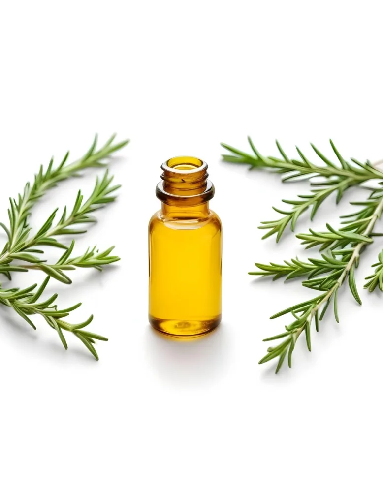 A Glass Bottle Filled With Yellow Essential Oil Surrounded By Sprigs Of Rosemary On A White Background 46 49f3