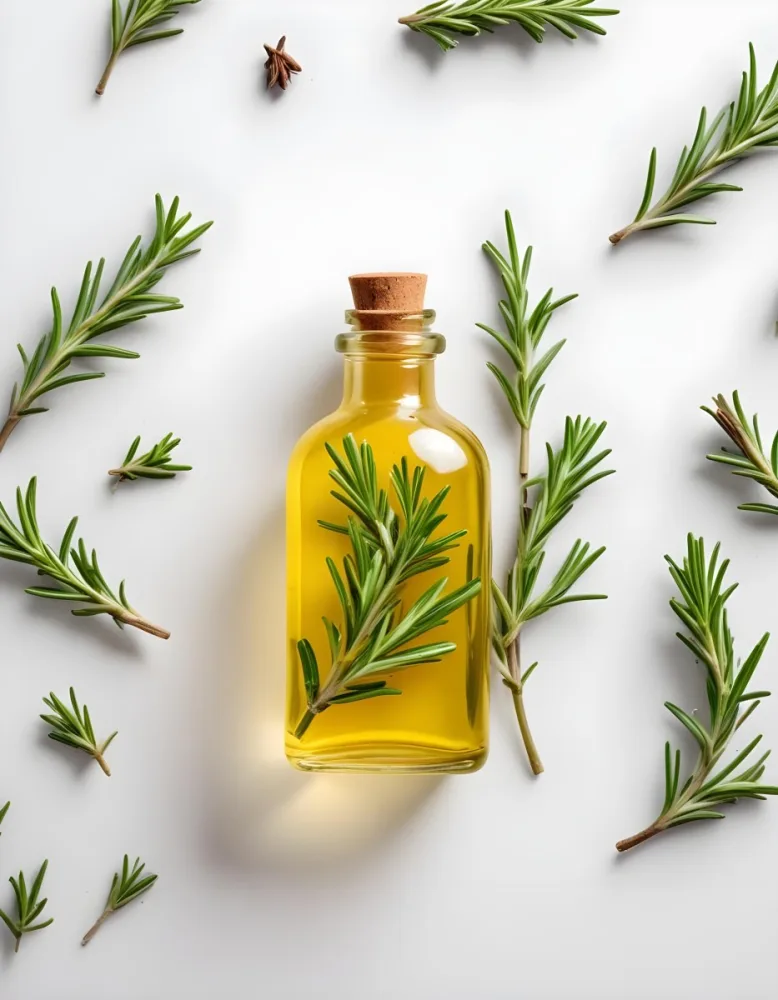 A Glass Bottle Filled With Yellow Essential Oil Surrounded By Sprigs Of Rosemary On A White Background 5 Bf96