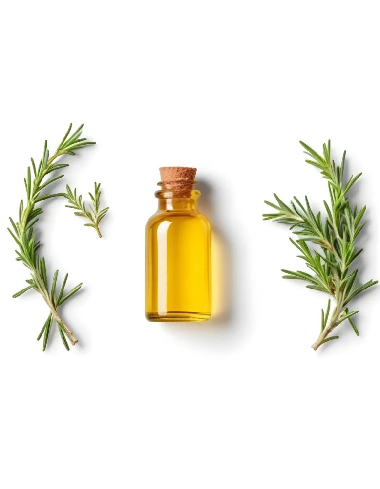 A Glass Bottle Filled With Yellow Essential Oil Surrounded By Sprigs Of Rosemary On A White Background 6 F892