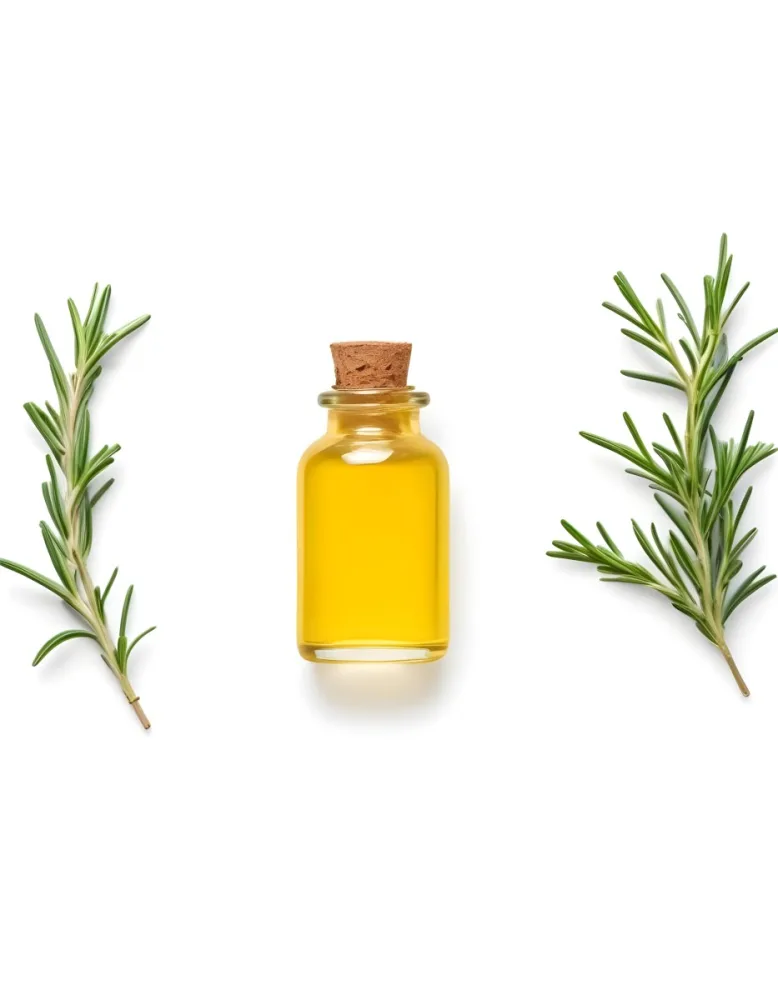 A Glass Bottle Filled With Yellow Essential Oil Surrounded By Sprigs Of Rosemary On A White Background 7 7526