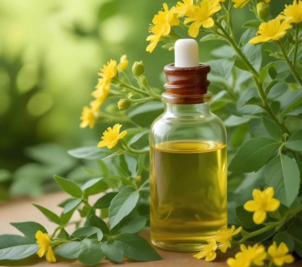 A Glass Bottle Filled With Yellow Green Essential Oil Surrounded By Green Leaves And Yellow Flowers 12 7e72