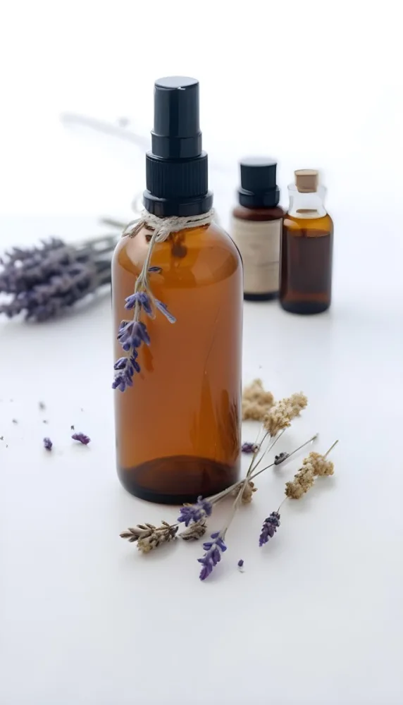 A Glass Bottle Of Amber Colored Essential Oil With A Sprig Of Lavender Flowers Next To It On A White Background 4