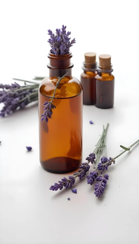 A Glass Bottle Of Amber Colored Essential Oil With A Sprig Of Lavender Flowers Next To It On A White Background 5