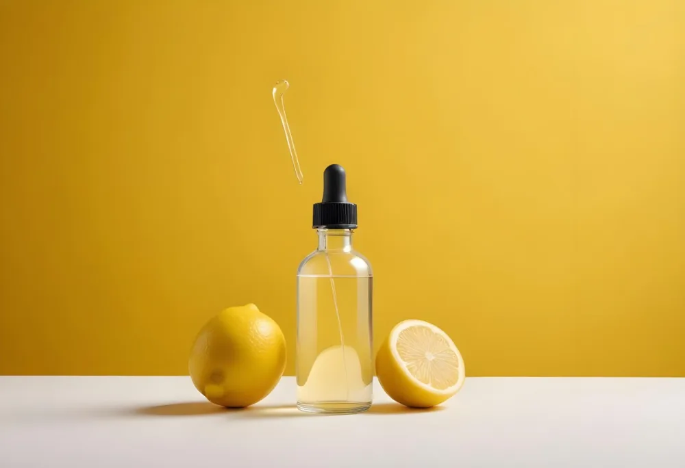 A Glass Bottle Of Clear Liquid With A Dropper Surrounded By Fresh Lemons On A White Surface Against A Yellow Background 7 A7ba