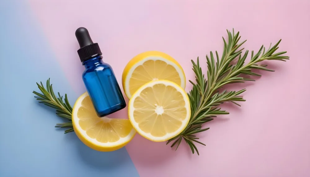 A Glass Bottle Of Essential Oil A Lemon And A Sprig Of Rosemary On A Blue And Pink Background 10
