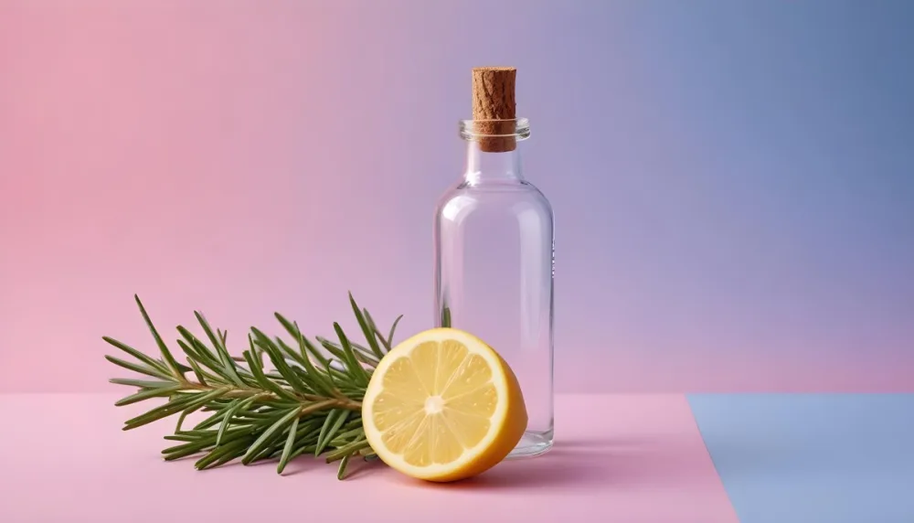 A Glass Bottle Of Essential Oil A Lemon And A Sprig Of Rosemary On A Blue And Pink Background 12