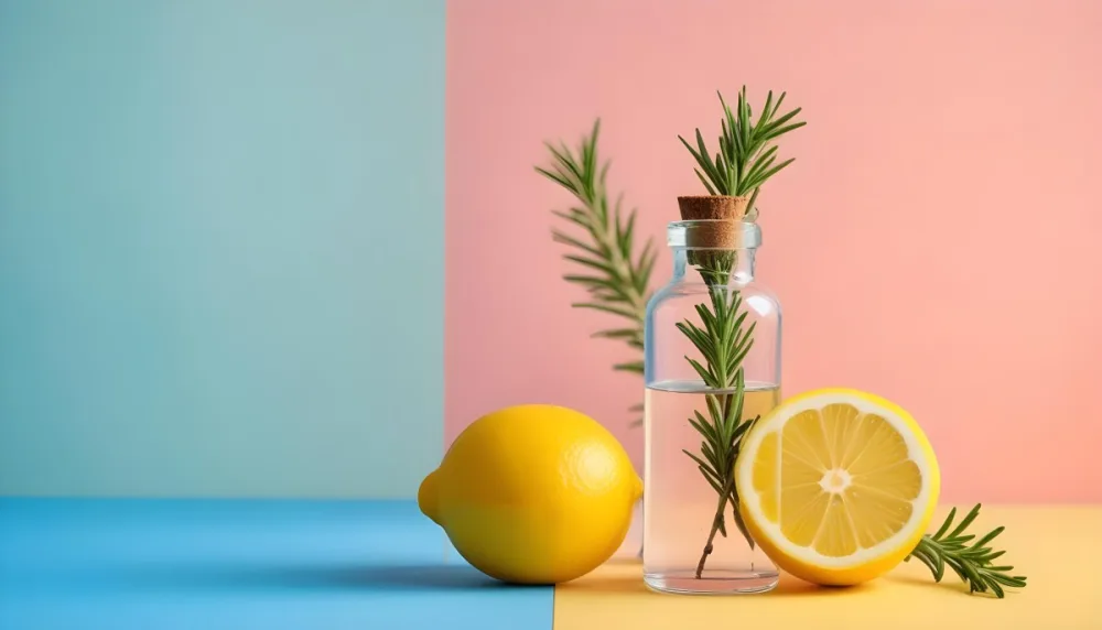 A Glass Bottle Of Essential Oil A Lemon And A Sprig Of Rosemary On A Blue And Pink Background 16