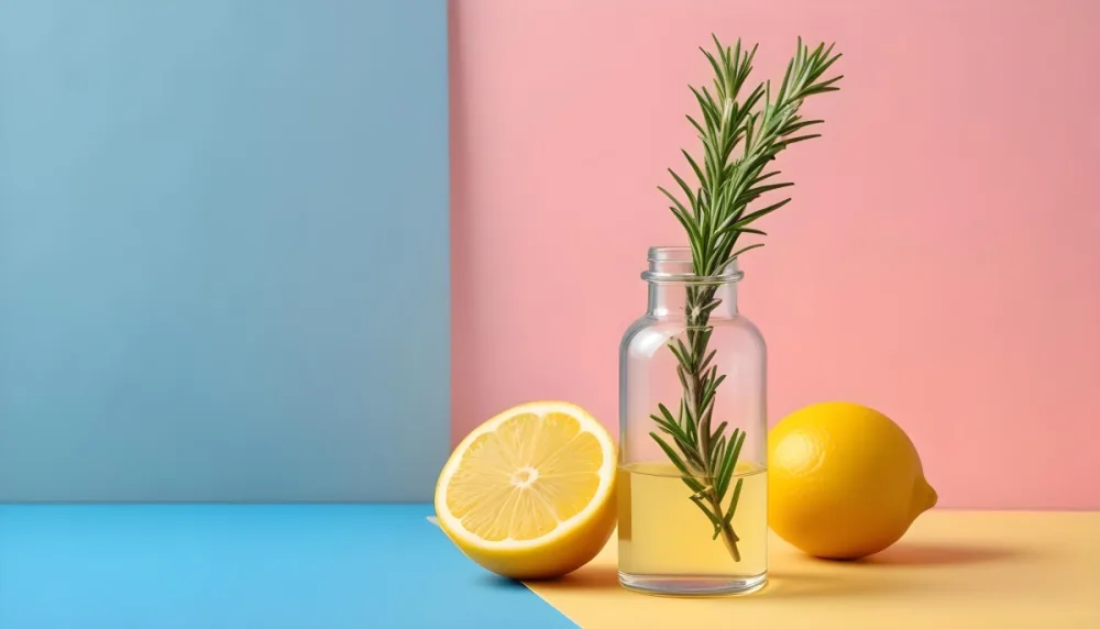 A Glass Bottle Of Essential Oil A Lemon And A Sprig Of Rosemary On A Blue And Pink Background 2