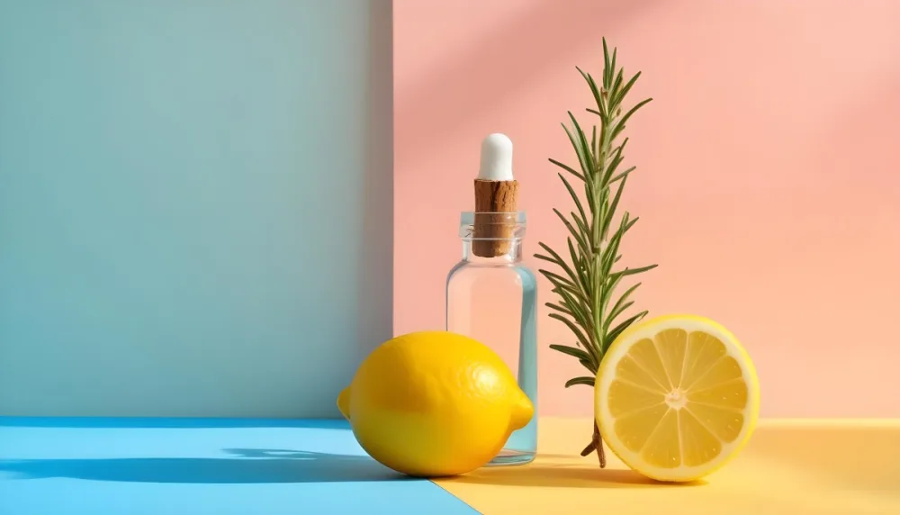 A Glass Bottle Of Essential Oil A Lemon And A Sprig Of Rosemary On A Blue And Pink Background 22