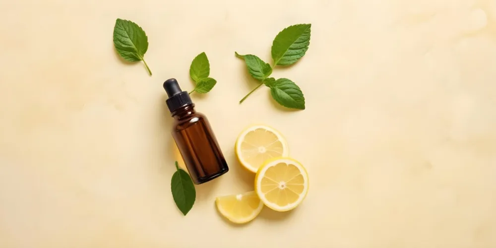 A Glass Bottle Of Essential Oil With Sliced Lemons And Fresh Mint Leaves On A Light Colored Textured Surface 12 A1c6