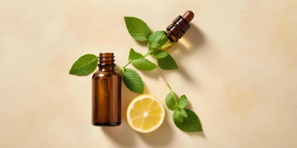 A Glass Bottle Of Essential Oil With Sliced Lemons And Fresh Mint Leaves On A Light Colored Textured Surface 2 F2f8