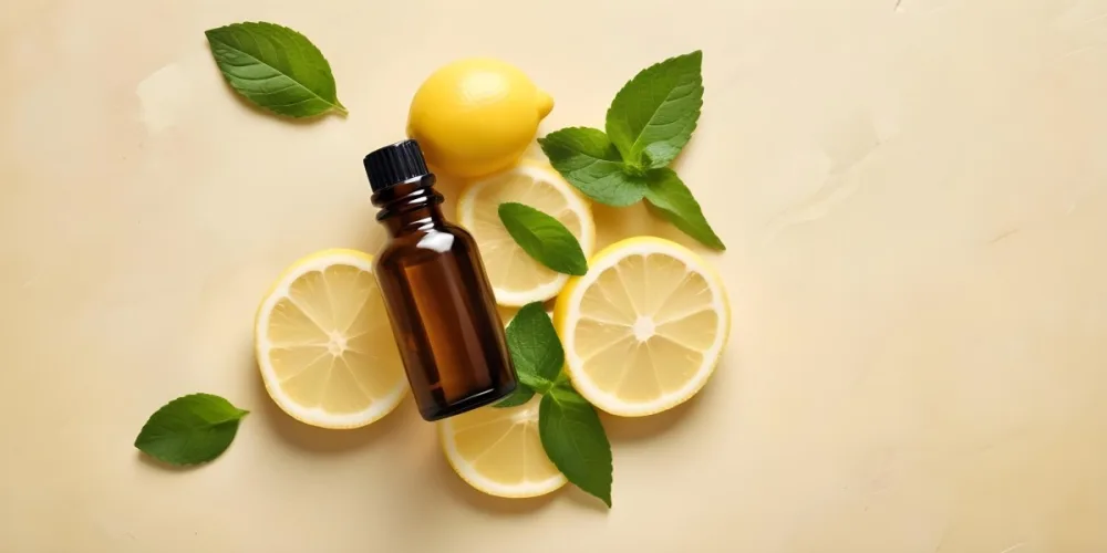 A Glass Bottle Of Essential Oil With Sliced Lemons And Fresh Mint Leaves On A Light Colored Textured Surface 3 0dd2