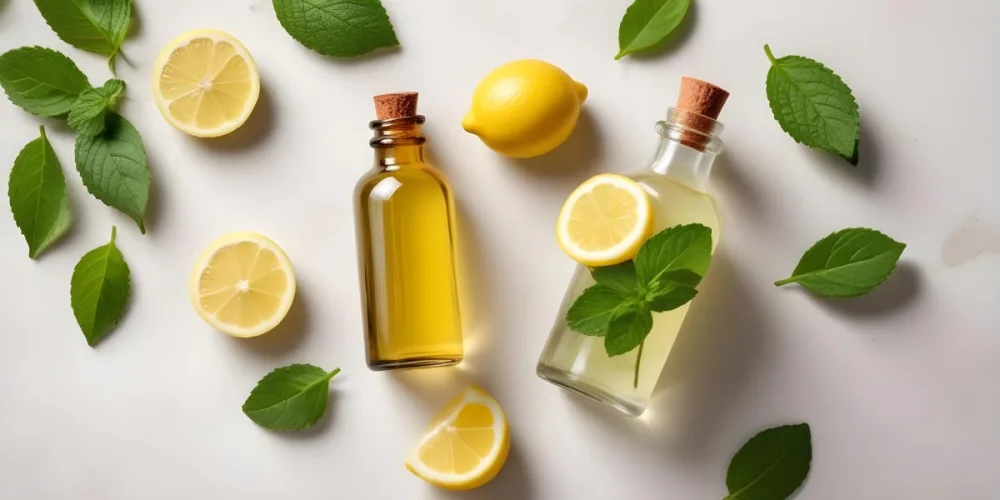 A Glass Bottle Of Essential Oil With Sliced Lemons And Fresh Mint Leaves On A Light Colored Textured Surface 4 9539