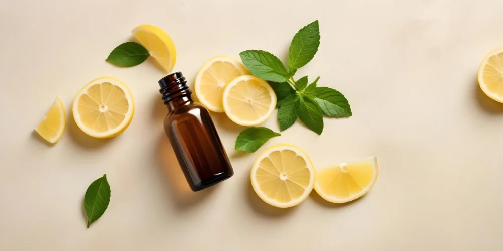 A Glass Bottle Of Essential Oil With Sliced Lemons And Fresh Mint Leaves On A Light Colored Textured Surface 6 823c