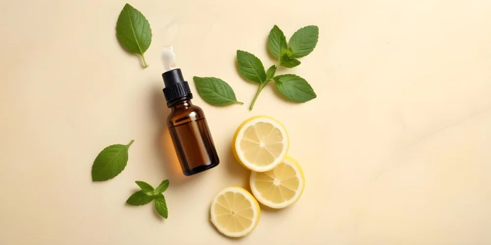 A Glass Bottle Of Essential Oil With Sliced Lemons And Fresh Mint Leaves On A Light Colored Textured Surface 9 C851