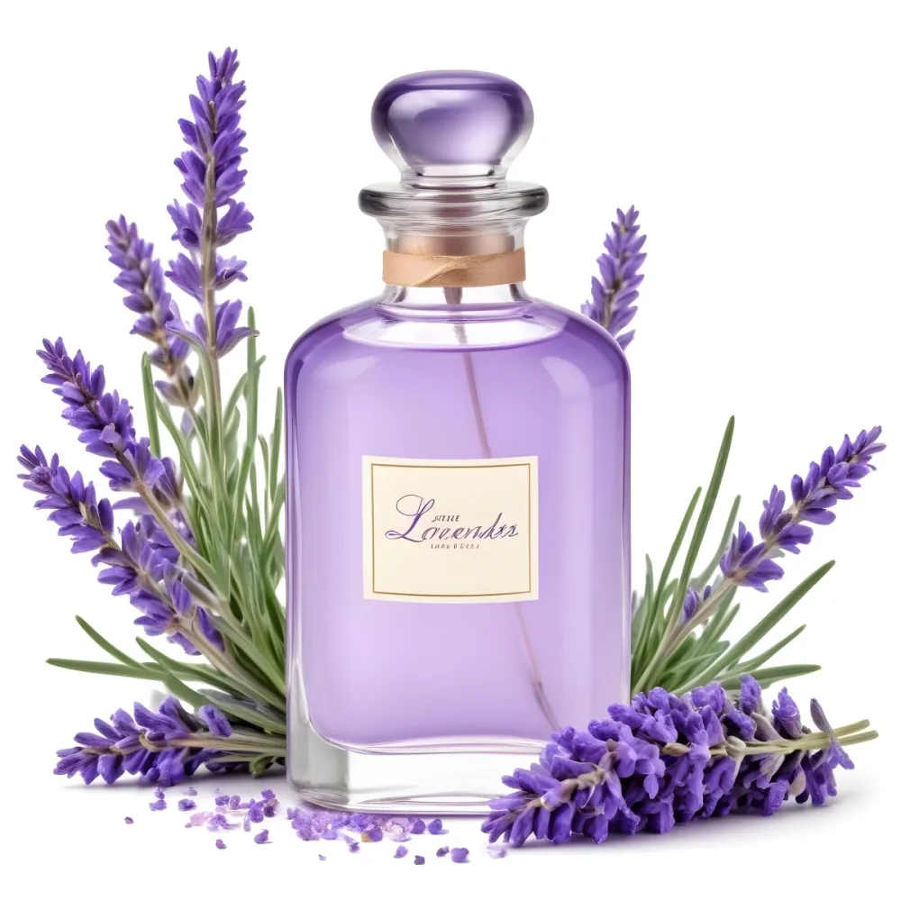 A Glass Bottle Of Lavender Perfume Surrounded By Fresh Lavender Flowers 12 8f3a