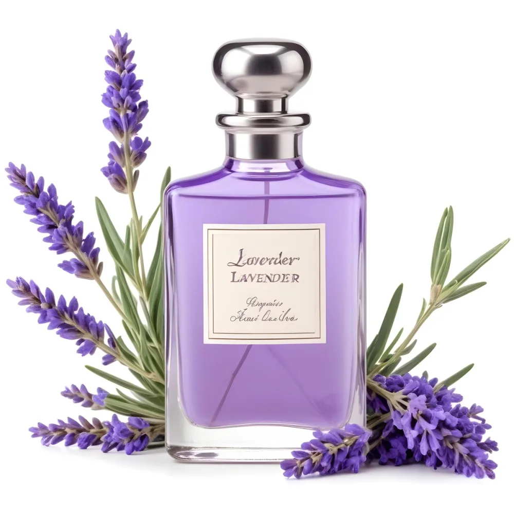 A Glass Bottle Of Lavender Perfume Surrounded By Fresh Lavender Flowers 3 0d58