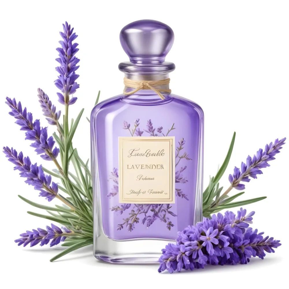 A Glass Bottle Of Lavender Perfume Surrounded By Fresh Lavender Flowers 6 351a