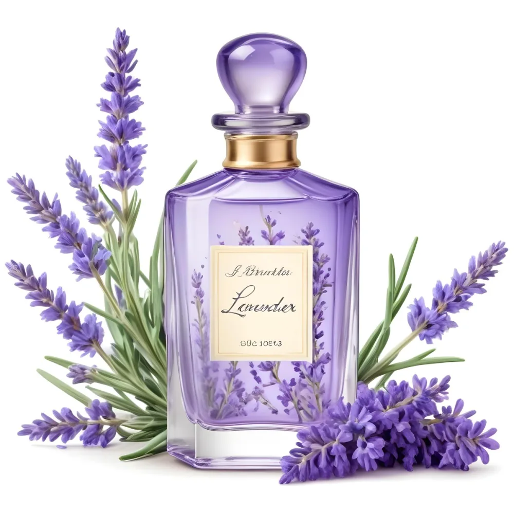 A Glass Bottle Of Lavender Perfume Surrounded By Fresh Lavender Flowers 7 6fba