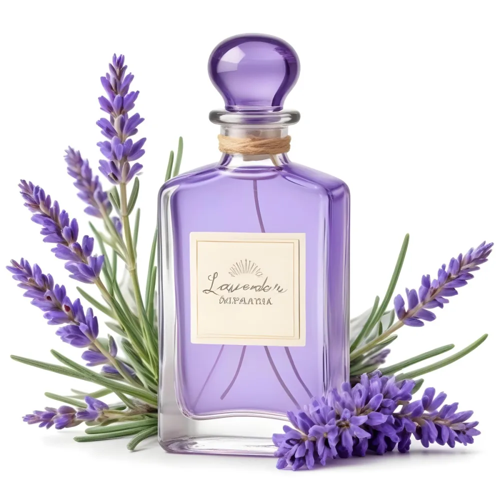 A Glass Bottle Of Lavender Perfume Surrounded By Fresh Lavender Flowers 9 02b9
