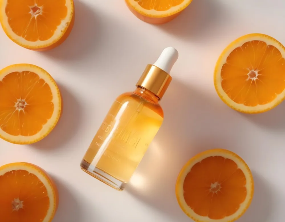 A Glass Bottle Of Orange Colored Facial Oil Or Serum Surrounded By Sliced Oranges On A White Background 1 4aa0