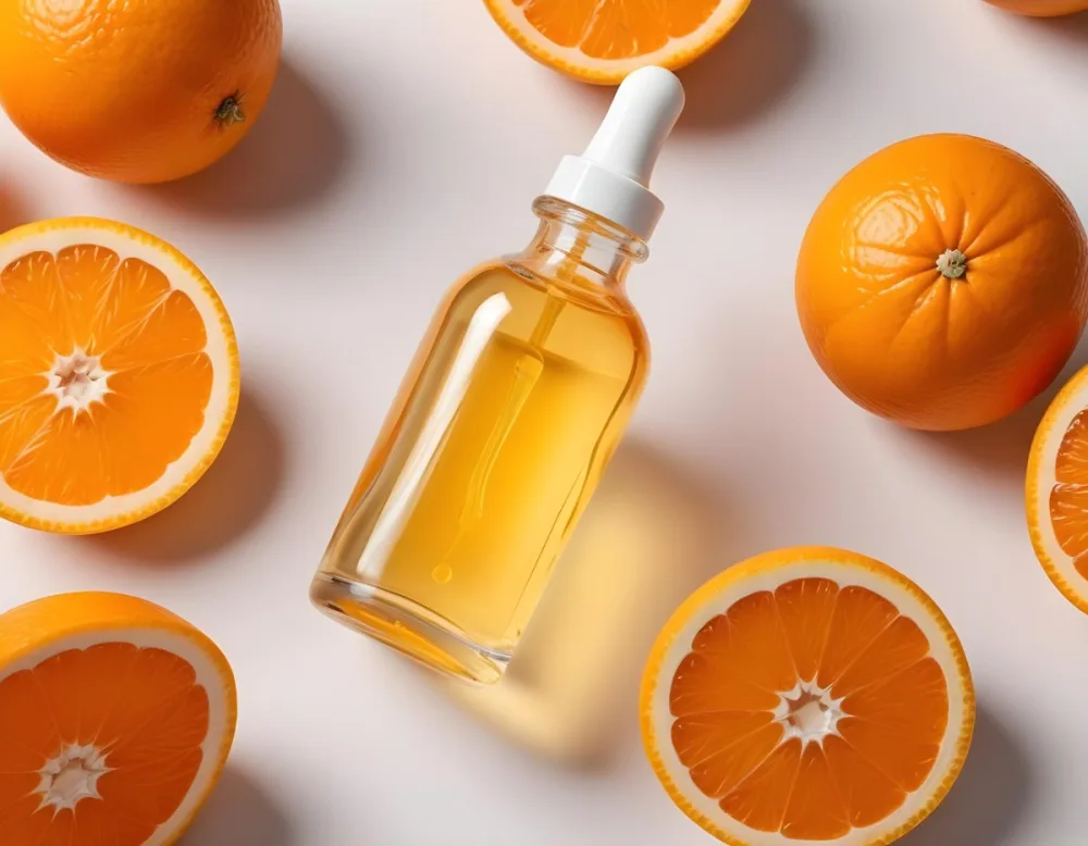 A Glass Bottle Of Orange Colored Facial Oil Or Serum Surrounded By Sliced Oranges On A White Background 13 2221