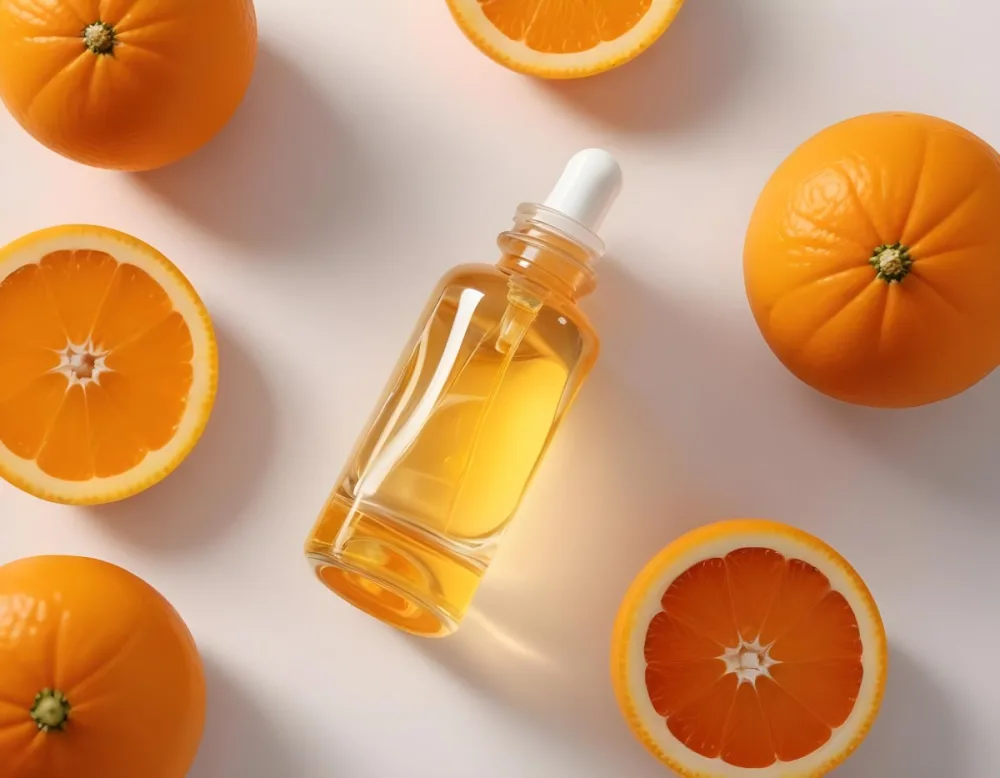 A Glass Bottle Of Orange Colored Facial Oil Or Serum Surrounded By Sliced Oranges On A White Background 14 1f4c