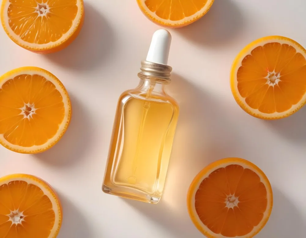 A Glass Bottle Of Orange Colored Facial Oil Or Serum Surrounded By Sliced Oranges On A White Background 15 9b45