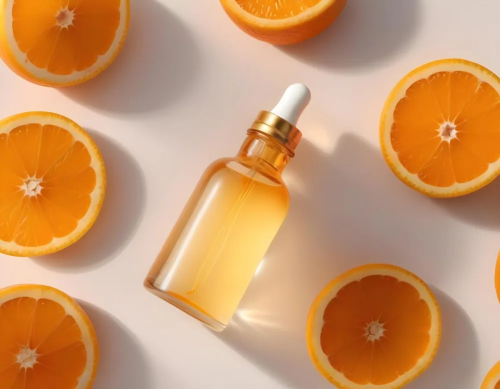 A Glass Bottle Of Orange Colored Facial Oil Or Serum Surrounded By Sliced Oranges On A White Background 17 1ea4