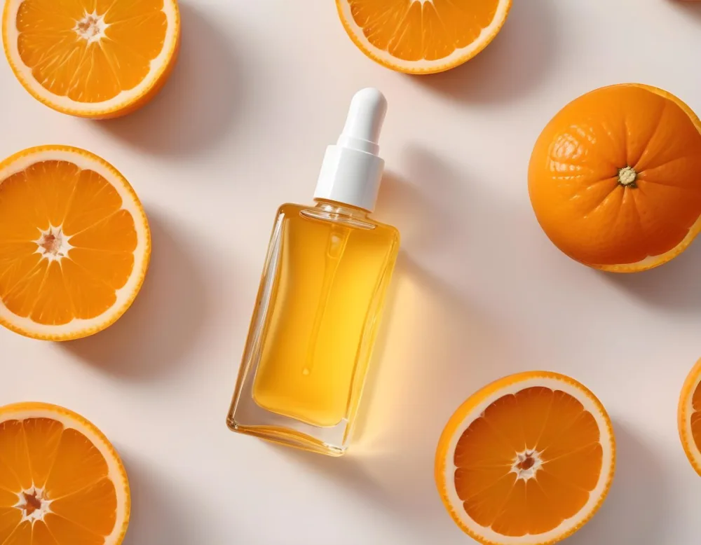A Glass Bottle Of Orange Colored Facial Oil Or Serum Surrounded By Sliced Oranges On A White Background 18 843a