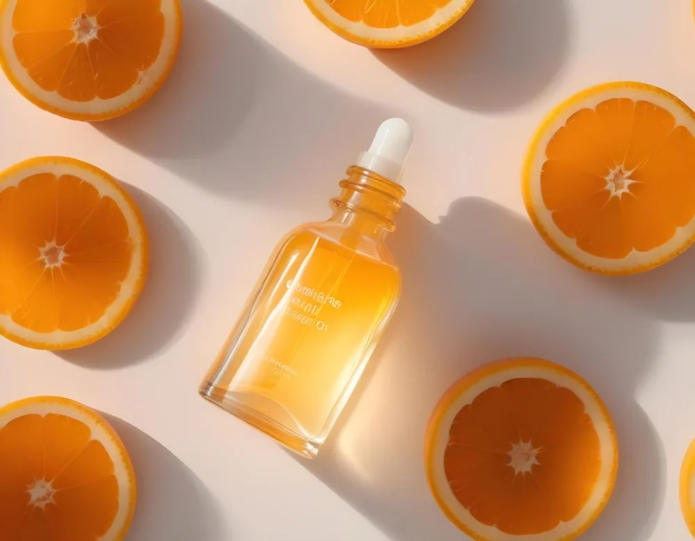 A Glass Bottle Of Orange Colored Facial Oil Or Serum Surrounded By Sliced Oranges On A White Background 20 6a37