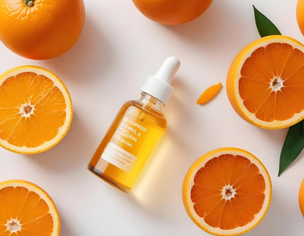A Glass Bottle Of Orange Colored Facial Oil Or Serum Surrounded By Sliced Oranges On A White Background 3 3bf1