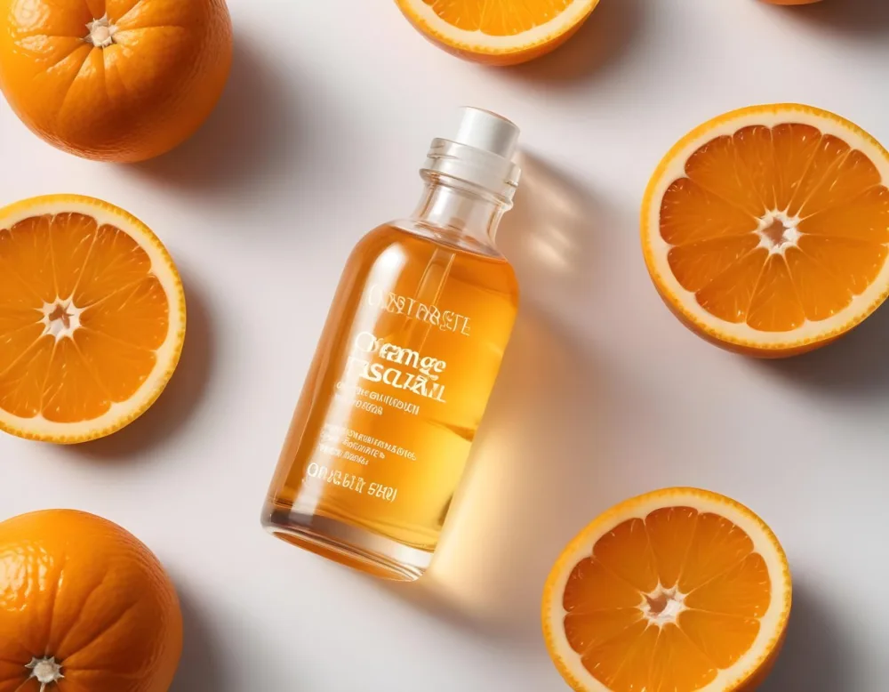 A Glass Bottle Of Orange Colored Facial Oil Or Serum Surrounded By Sliced Oranges On A White Background 5 9a1c