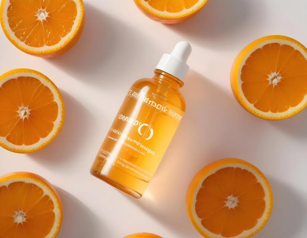A Glass Bottle Of Orange Colored Facial Oil Or Serum Surrounded By Sliced Oranges On A White Background 7 C3d9