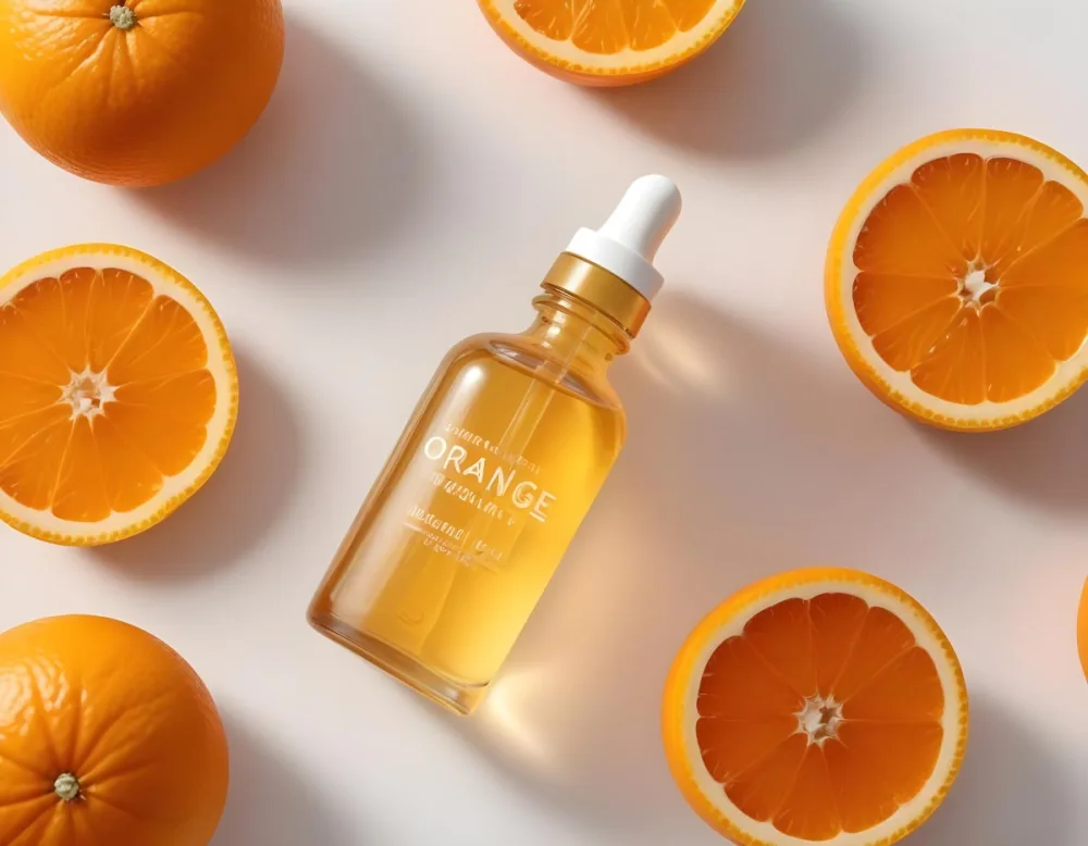 A Glass Bottle Of Orange Colored Facial Oil Or Serum Surrounded By Sliced Oranges On A White Background 9 02fb