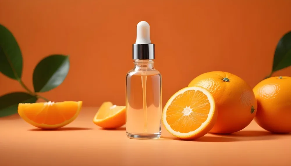 A Glass Bottle Of Orange Colored Facial Serum Or Oil With A Dropper Surrounded By Fresh Orange Slices On A Orange Background 12 E375
