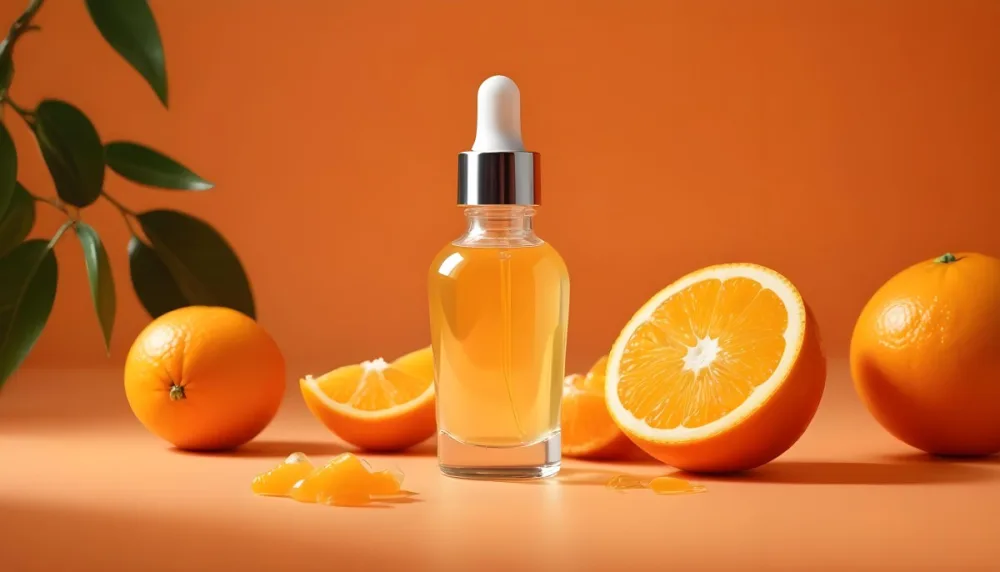 A Glass Bottle Of Orange Colored Facial Serum Or Oil With A Dropper Surrounded By Fresh Orange Slices On A Orange Background 13 7158