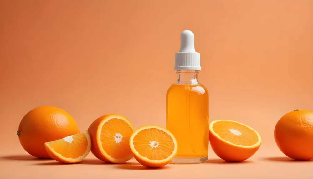 A Glass Bottle Of Orange Colored Facial Serum Or Oil With A Dropper Surrounded By Fresh Orange Slices On A Orange Background 14 972f