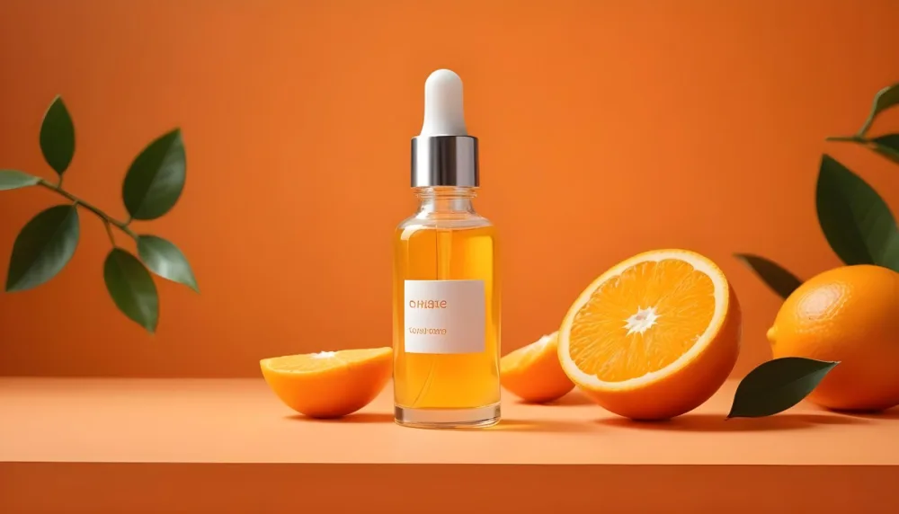 A Glass Bottle Of Orange Colored Facial Serum Or Oil With A Dropper Surrounded By Fresh Orange Slices On A Orange Background 16 8025