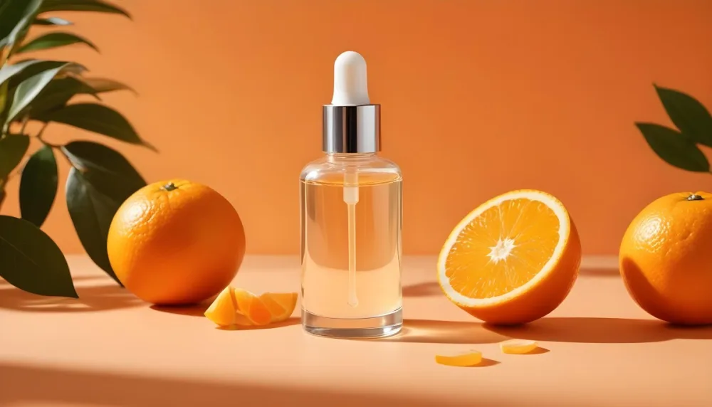 A Glass Bottle Of Orange Colored Facial Serum Or Oil With A Dropper Surrounded By Fresh Orange Slices On A Orange Background 18 Ac02