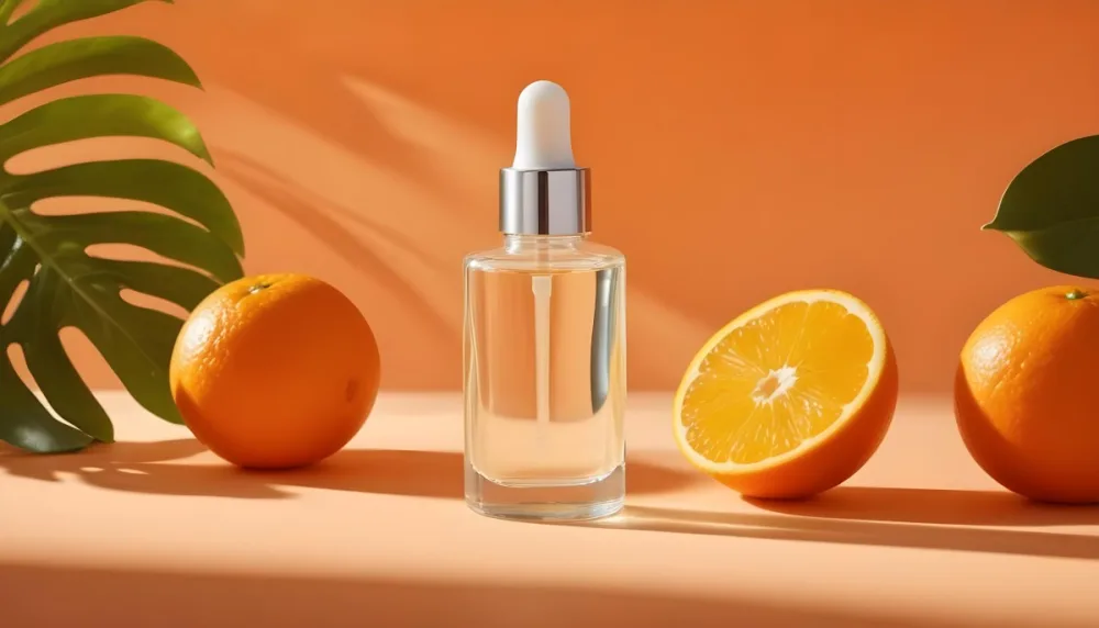 A Glass Bottle Of Orange Colored Facial Serum Or Oil With A Dropper Surrounded By Fresh Orange Slices On A Orange Background 20 35e5