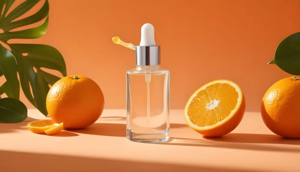 A Glass Bottle Of Orange Colored Facial Serum Or Oil With A Dropper Surrounded By Fresh Orange Slices On A Orange Background 21 F4c8