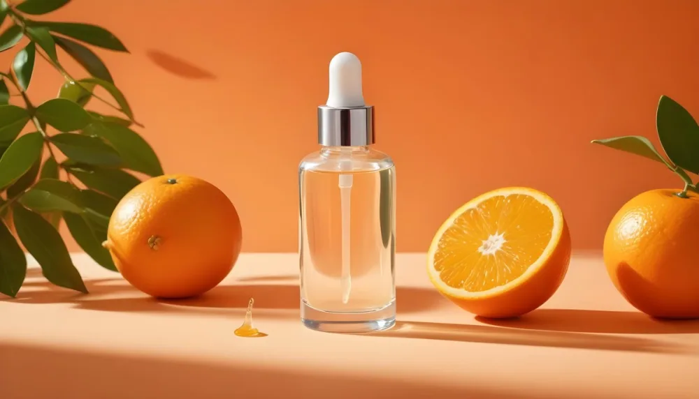 A Glass Bottle Of Orange Colored Facial Serum Or Oil With A Dropper Surrounded By Fresh Orange Slices On A Orange Background 22 F7e1